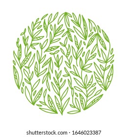 Green tea. Round concept of drinking tea in an outline style. Composition with abstract hand drawn elements. Doodle style. Template for cafe menu, packaging or signboard