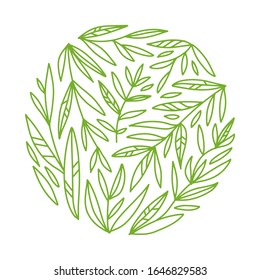 Green tea. Round leaves and branches pattern concept in an outline style. Composition with abstract hand drawn elements. Doodle style. Template for cafe menu, packaging or signboard