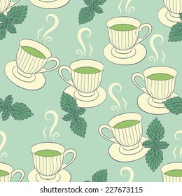 Green tea seamless pattern with hand drawing cups and mint
