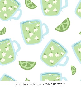 Green tea seamless pattern. Hot aroma beverage endless background. Cup of drink with lime and flower repeat cover. Vector flat illustration.