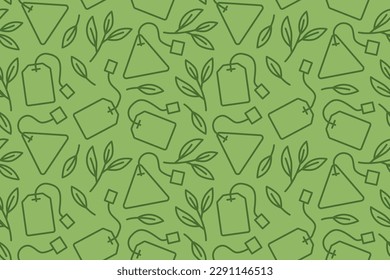 patrón ininterrumpido de té verde con iconos de hojas y bolsos de té - ilustración vectorial