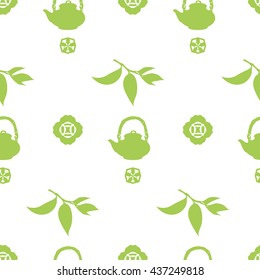 Green tea seamless pattern. Leaves and branch or sprig with teapot.
