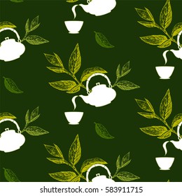 Green tea seamless pattern with leaves and teapot.