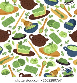 Green tea seamless pattern. Matcha drink. Plant leaf powder. Sweet dessert. Pastry products. Macaroon and cake. Repeated print. Japanese cuisine. Teapot with drink cup
