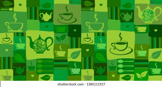 Green tea. Seamless pattern with tea pots and tea cups. Horizontal banner. Vector Illustration