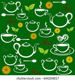 Green tea. Seamless pattern with tea pots and tea cups. Vector Illustration