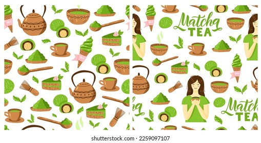 Green Tea Seamless Pattern Set. Matcha Japanese Tea Ceremony Pattern. Vector Illustration with Leaves, Bowl, Teapot. Cartoon Background for Packaging, Product Design. Floral Label