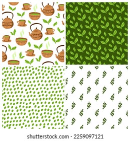 Green Tea Seamless Pattern Set. Matcha Japanese Tea Ceremony Pattern. Vector Illustration with Leaves, Bowl, Teapot. Cartoon Background for Packaging, Product Design. Floral Label
