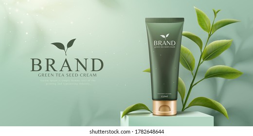 Green tea seed skincare product on square podium with green leaves in 3d illustration, fresh cosmetic banner ads