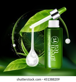 Green tea Serum and Background Concept Skin Care Cosmetic.