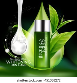 Green tea Serum and Background Concept Skin Care Cosmetic.
