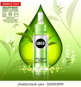 Green tea Serum and Background Concept Skin Care Cosmetic.