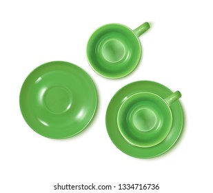 Green Tea Service Set Isolated On White. Top View. Vector Photo Realistic Illustration