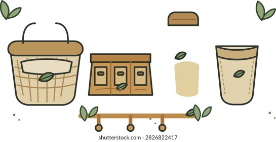 Green tea set with basket tea bags and cup for healthy drink illustration