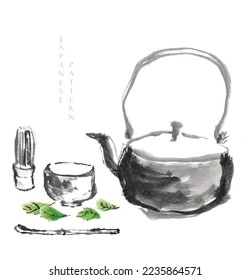 El salón de té verde. Tetera de pincel de pintura china, taza de té, Matcha Chasen Bamboo y greentea deja una textura de color de agua vectorial al estilo japonés. Festival Asiático de Mediados de Otoño, Festival de la Luna.