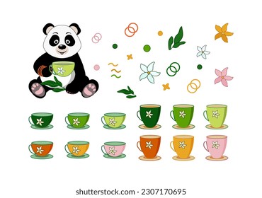 Grünes Teeservice. Jäger, Jasminblume, Blätter, Tee-Panda, geometrische Formen. Vektorgrafik. Einzeln Elemente für Cover, Druck, Kinderbuchdekoration, Postkarte, pädagogisches Spiel, Aufkleber, Ikone.
