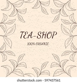 Green tea  shop leaf illustration, branch organic hand drawing sketch, square banner template for packing cosmetics, packaging, branding, etc