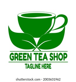 Green tea shop logo.  Vector illustration of green tea leaf and green color cup isolated on white background