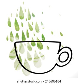 Green Tea / Silhouette of cup with floral tea drops  