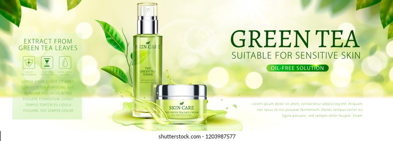 Green Tea Skin Care Banner Ads With Tea Garden Background In 3d Illustration