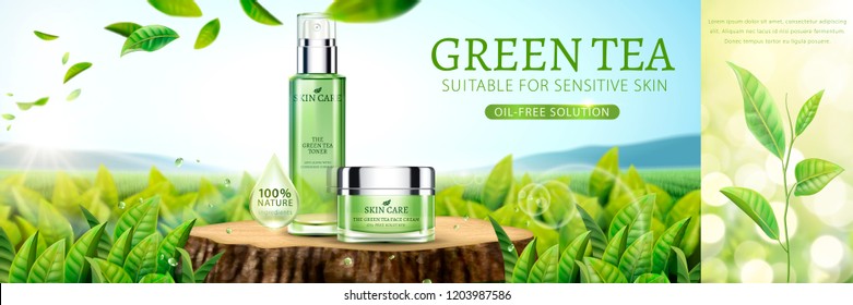 Green tea skin care banner ads with tea garden background in 3d illustration Green tea skin care banner ads with tea garden background in 3d illustration