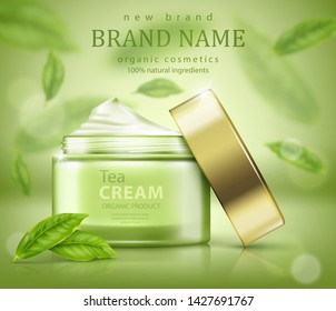 Green tea skin care banner ads with flying leaves