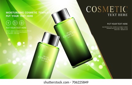 Green tea skin care cosmetic product poster, bottle package design with moisturizer cream or liquid, sparkling background with glitter polka, vector design.