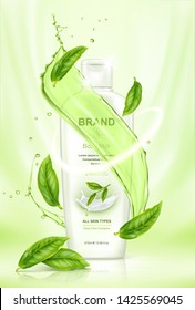 Green Tea Skin Care Product With Flying Tea Leaves And Water Splash Elements