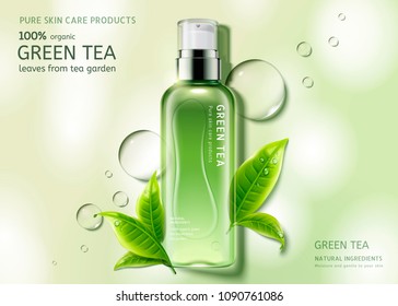 Green Tea Skin Care Spray Bottle With Leaves And Water Drop Elements, Top View Container Illustration