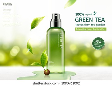 Green tea skin care spray bottle with leaves and waters on white wooden table illustration, bokeh glitter background