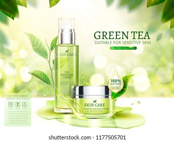 Green tea skincare ads with cream jar and spray bottle in 3d illustration, glittering bokeh background