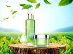 Green Tea Skincare Ads With Products Placed On Cut Tree Trunk And Leaves Flying In The Sky In 3d Illustration, Bokeh Tea Garden Background