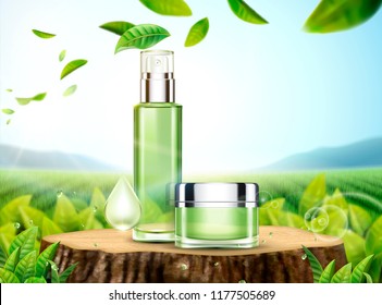 Green Tea Skincare Ads With Products Placed On Cut Tree Trunk And Leaves Flying In The Sky In 3d Illustration, Bokeh Tea Garden Background