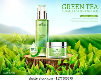 Green Tea Skincare Ads With Products Placed On Cut Tree Trunk In 3d Illustration, Bokeh Tea Garden Background