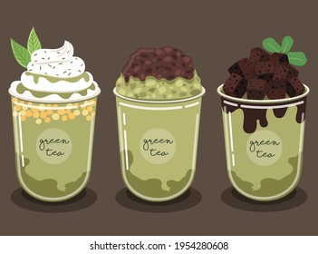 Green Tea Smoothie Set Garnish with brownies and chocolate sauce. And the Japanese red bean face And delicious whipped cream.