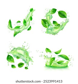 Green tea splashes. Herbal water splash with mint leaves fresh drink, herb extract liquid splatter menthol peppermint leaf refreshing aqua flow, realistic exact vector illustration original artwork