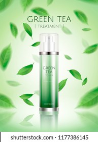Green tea spray toner ads with refreshing leaves flying in the air in 3d illustration Green tea spray toner ads with refreshing leaves flying in the air in 3d illustration