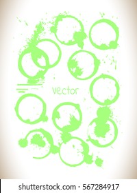 Green tea stain on a white background. Green tea cup marks. Watercolor vector background  illustration with round  green stains