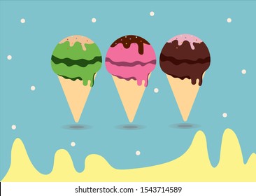 Green tea, Strawberry and Chocolate Ice cream cone on pastel background with white bubble.