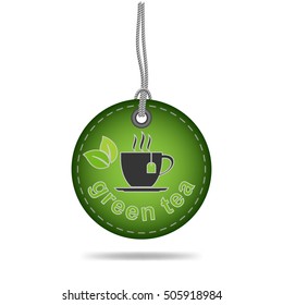 Green tea tag label with string, vector design