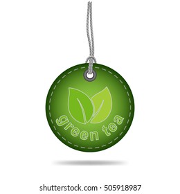 Green tea tag label with string, vector design