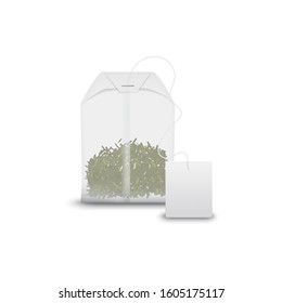 Green Tea In Teabag With Blank Label Isolated. Vector Chinese Drink In Pack, Mockup Template