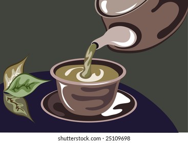 green tea with teapot and tea leafs