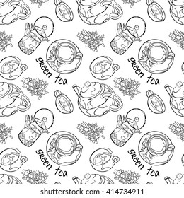 Green tea. Green teapot and teacup. Vector seamless pattern (background).