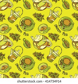 Green tea. Green teapot and teacup. Vector seamless pattern (background).