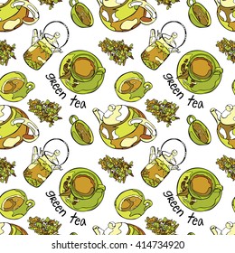 Green tea. Green teapot and teacup. Vector seamless pattern (background).