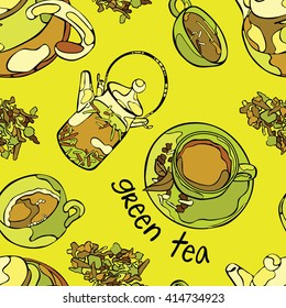 Green tea. Green teapot and teacup. Vector seamless pattern (background).