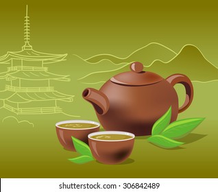 green tea in a teapot. vector illustration