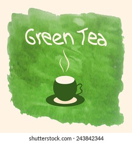 Green tea. Texture, icon, sign, card. Circle on a green background of watercolor.