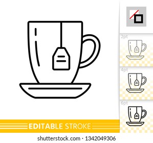Green Tea thin line icon. Mug banner in flat style. Teabag poster. Teacup Linear pictogram. Simple illustration, outline symbol. Vector sign isolated on white. Editable stroke icons without fill